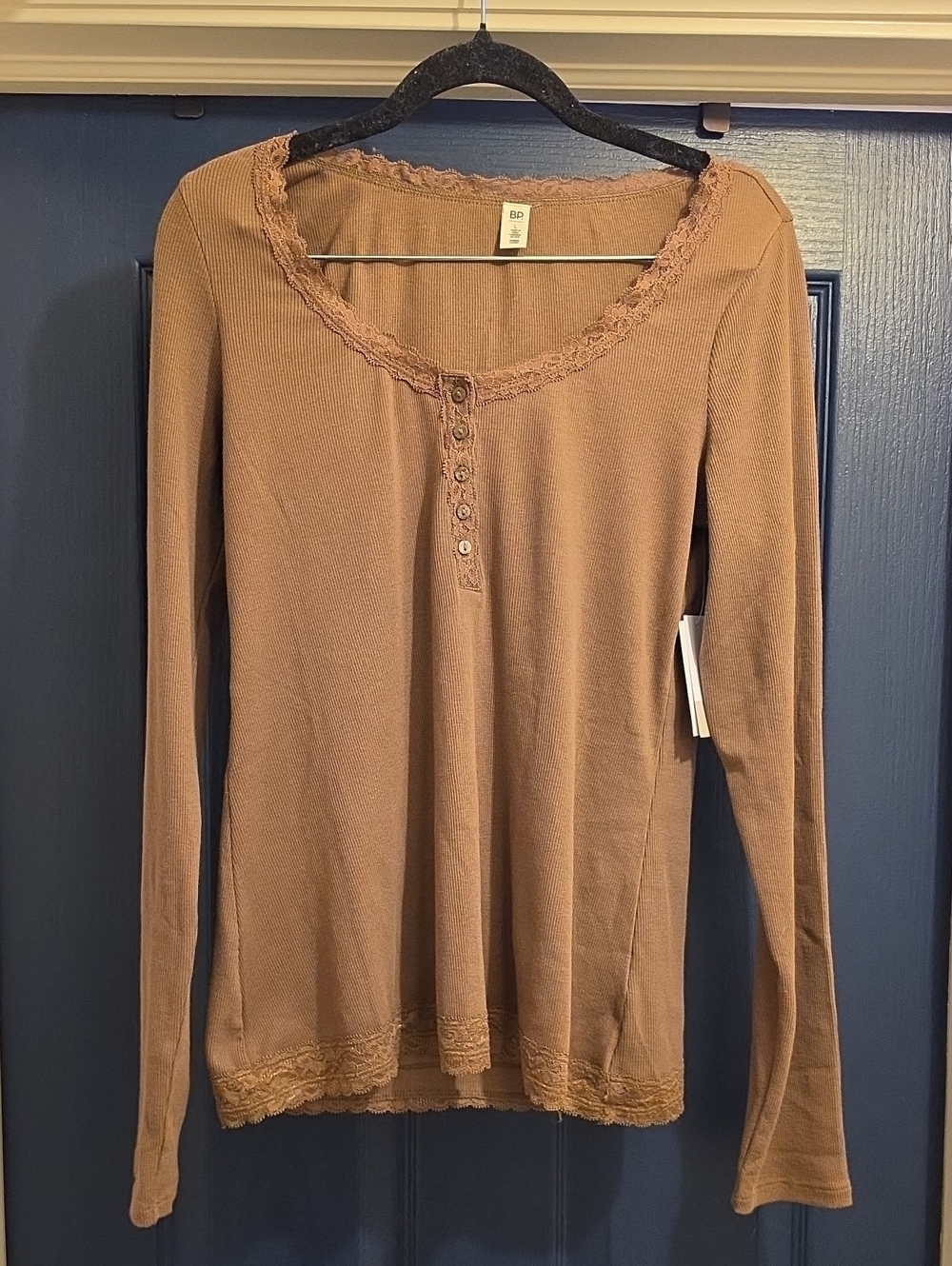 bp Lace-Trim Ribbed Henley Long Sleeve Top in Tan